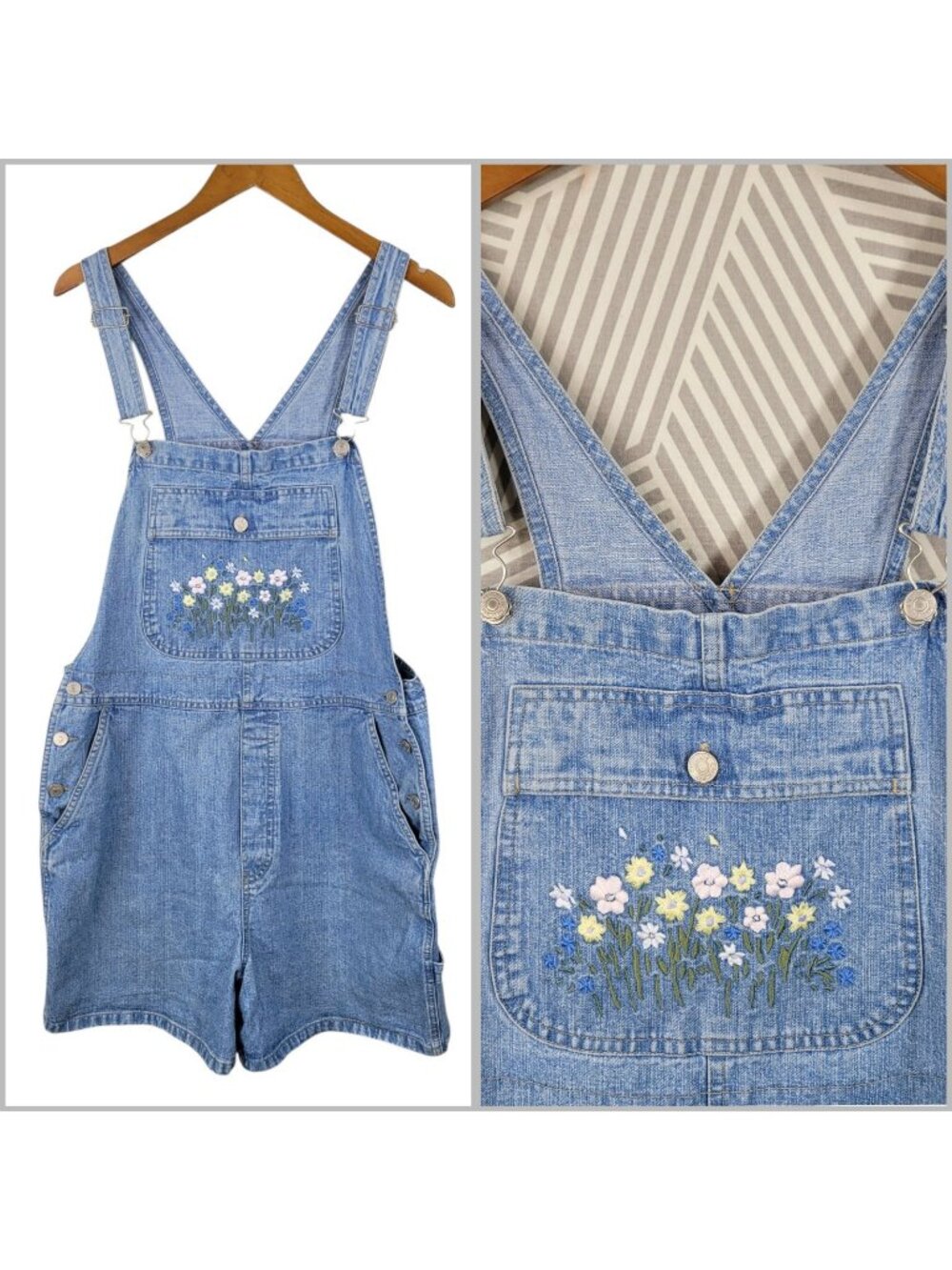 Vtg Cherokee Embroidered Floral Denim Large Shortalls Overalls 90s Cottagecore